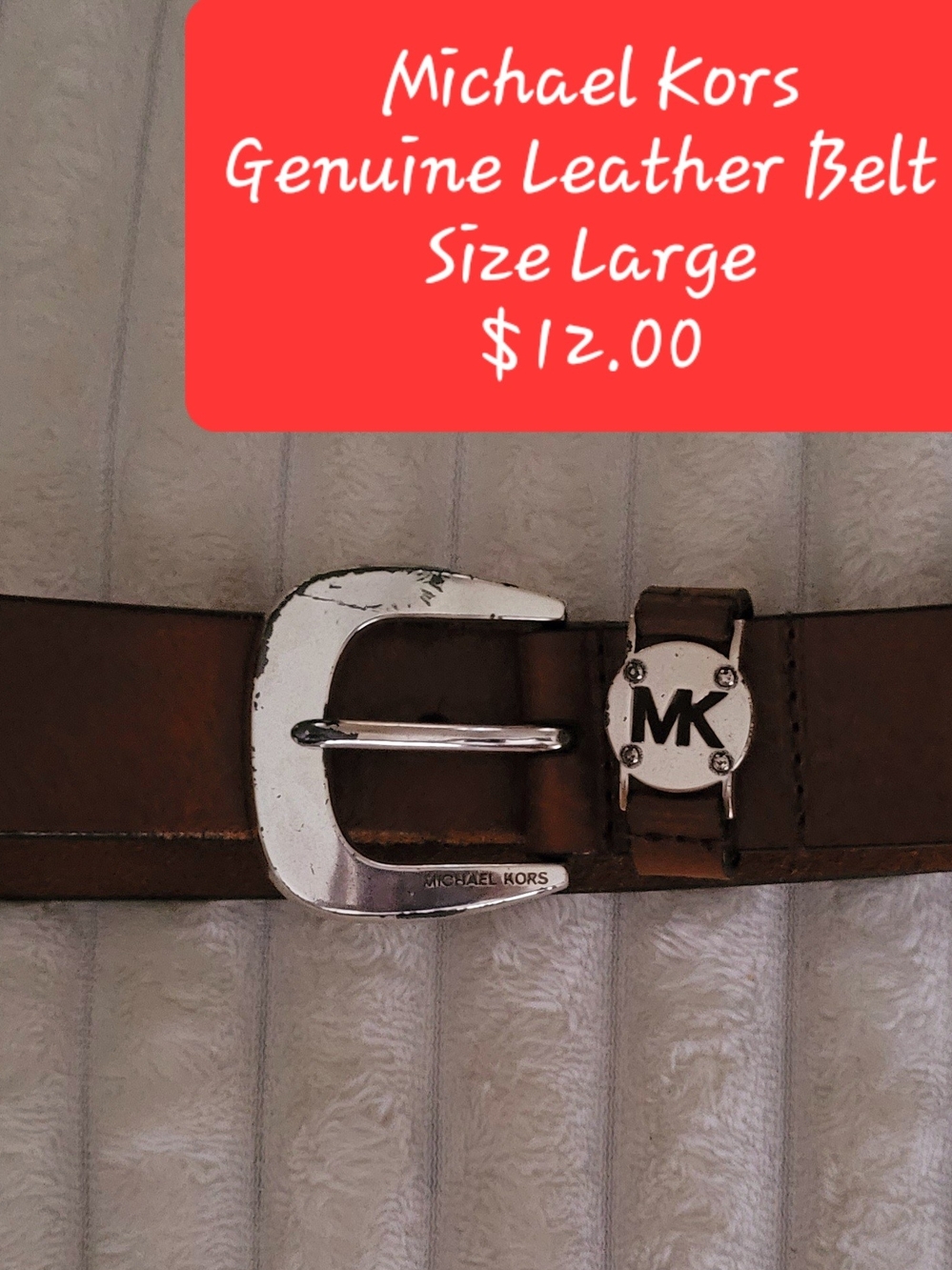 Michael Kors Brown Leather Belt with Silver MK Buckle